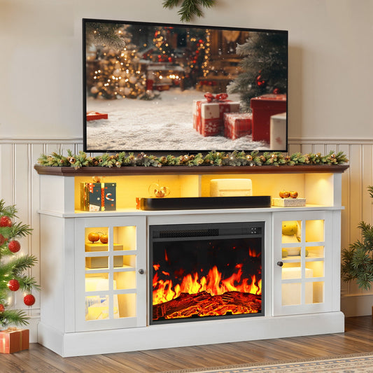 Electric Fireplace TV Stand up to 75" TVs, Farmhouse Entertainment Center with LED Light and 23" Fireplace for Living Room, White