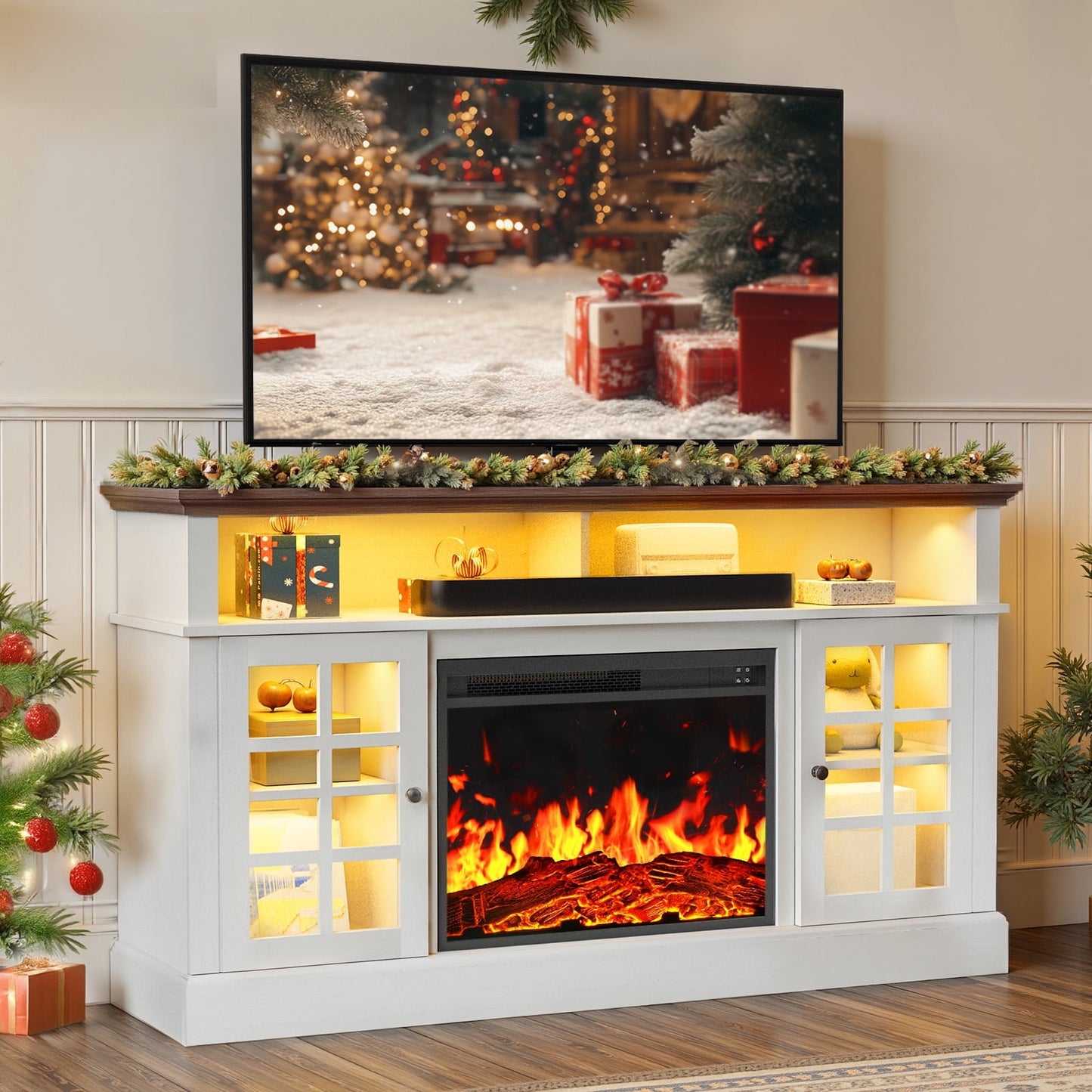 CHITOOMA Fireplace TV Stand with LED Light for up to 70 inch TV, White