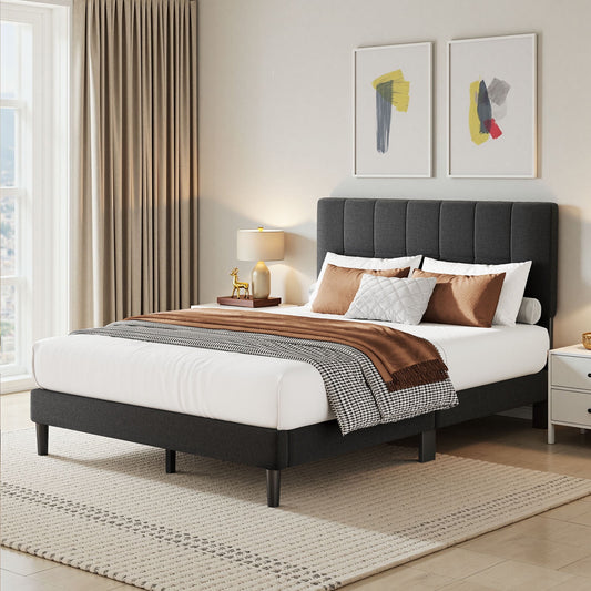 CHITOOMA Twin Bed Frame with Adjustable Headboard, Upholstered Platform Bed Frame Twin Size No Box Spring Needed, Noise-Free, Heavy Duty, Dark Grey