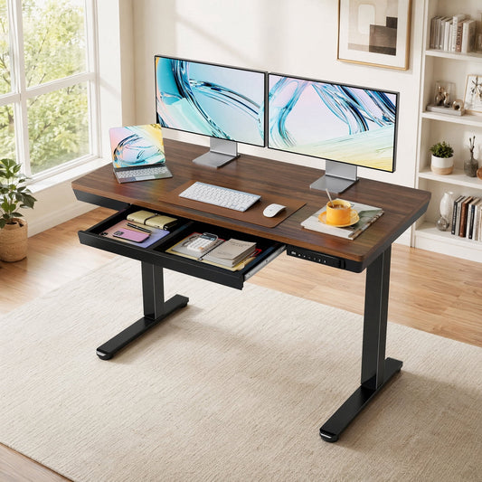 One-Piece Tabletop Standing Desk with USB & Type-C & Drawers, Electric Adjustable Height Desk, Sit to Stand Up Computer Desk for Small Apartment, 40" x 24", Walnut