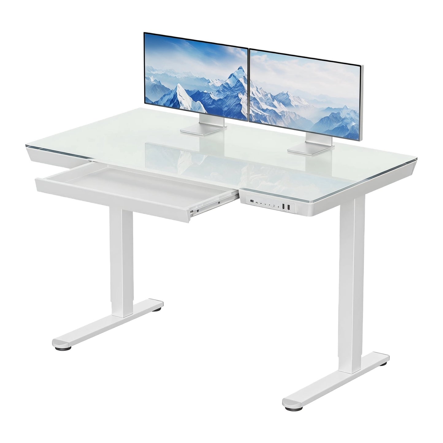 CHITOOMA Glass Top 48" x 24" Electric Standing Desk with Drawer, Height Adjustable Sit Stand Desk for Home Office, White
