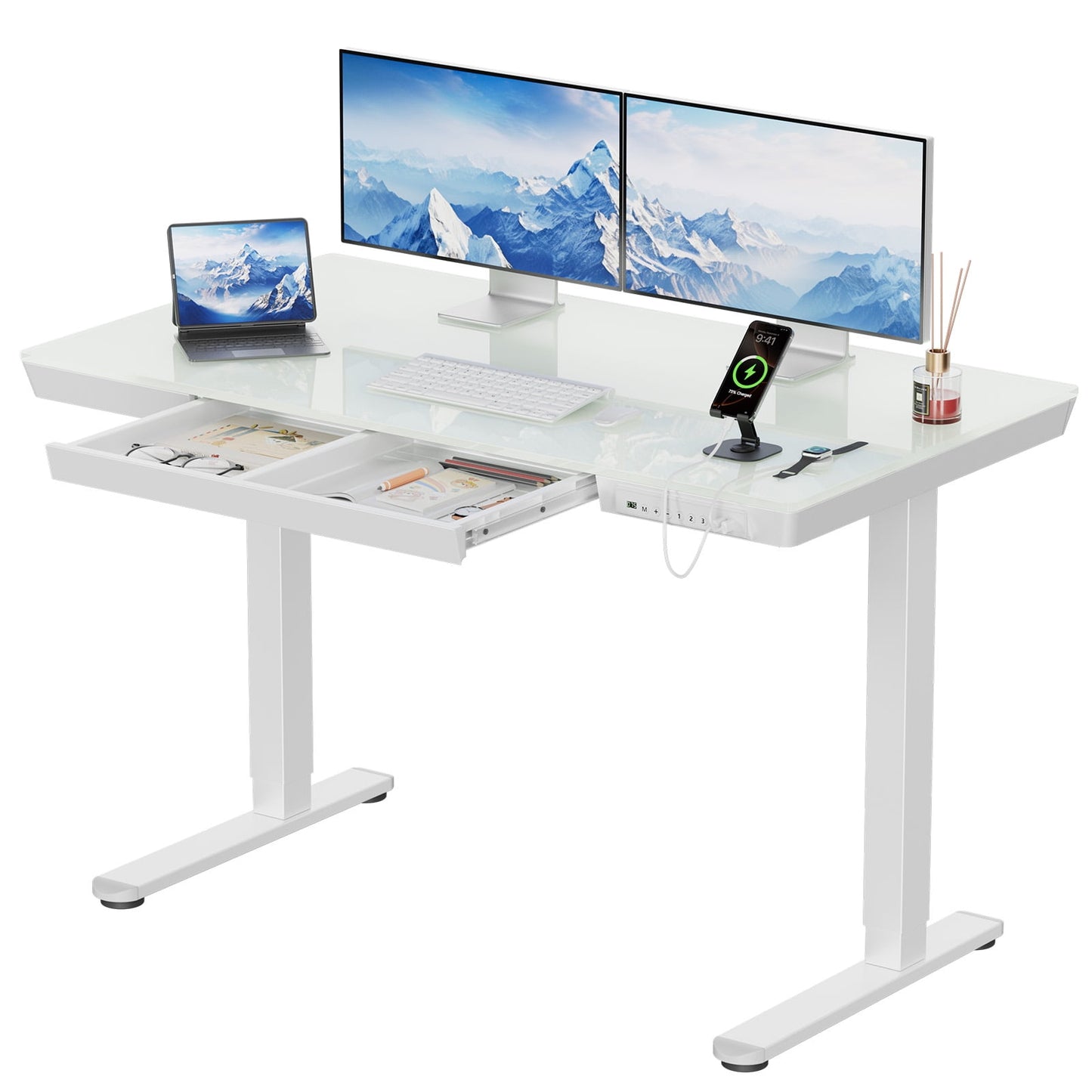 One-Piece Glass Standing Desk with USB & Type-C & Drawers, 48"×24" Electric Adjustable Stand Up Desk, Glass Tabletop Office Computer Desk, White