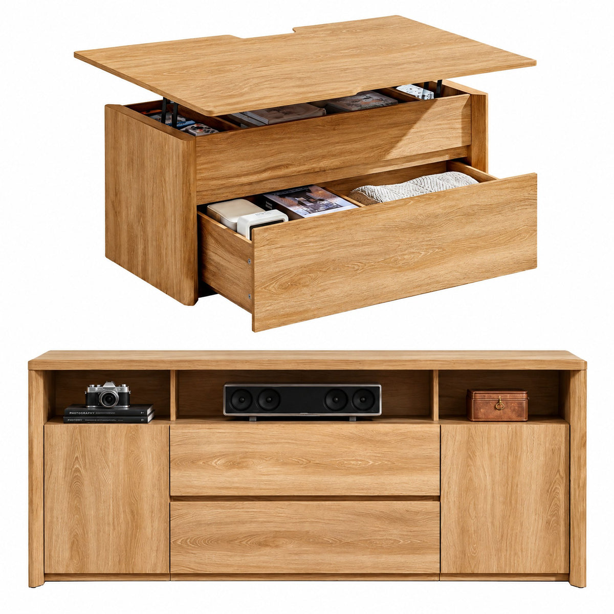 CHITOOMA Living Room Furniture Sets with Lift up Coffee Table & TV Stand with Storage, Natural