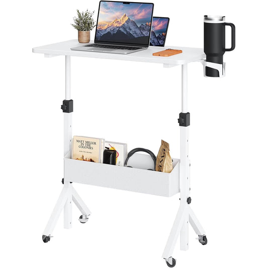 CHITOOMA Mobile Standing Desk with Cup Holder, 6 Level Height-Adjustable Computer Desk with Laptop Slot for Office, White