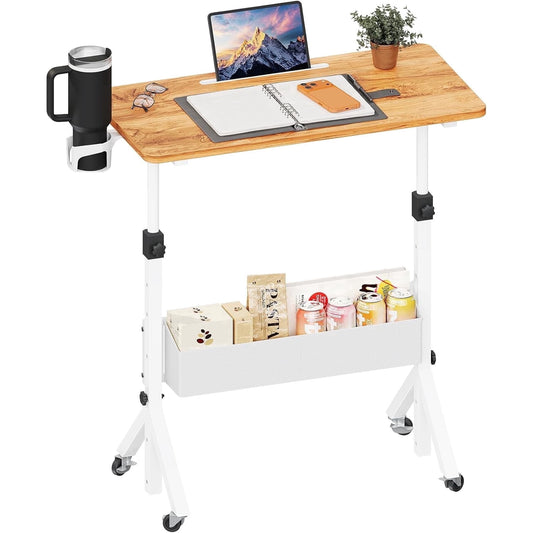 Kyspho Mobile Standing Desk with Wheels, Adjustable Height 28.3″ to 46.3″, Rolling Laptop Cart with Cup Holder, Storage Basket, Computer & Pen Slot, Home Office Stand Up Desk, Light Vintage Brown