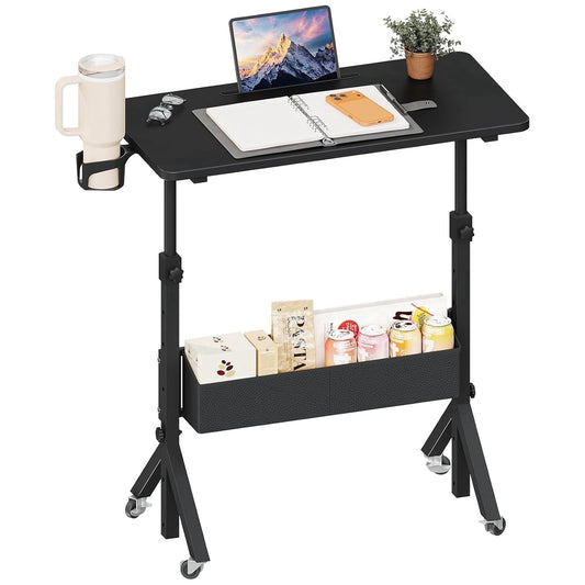 CHITOOMA Mobile Standing Desk with Wheels & Storage, Adjustable Height Rolling Laptop Cart with Cup Holder, Fits Treadmills, Black, 31.5" x 15.75"