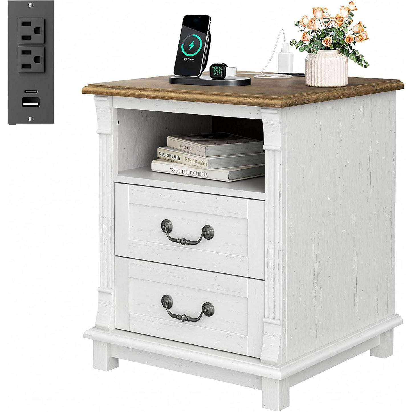 CHITOOMA Nightstand with Charging Station, 18" Bedside Table with USB Ports and AC Outlets, 2-drawer, Farmhouse Wood Side Table for Bedroom
