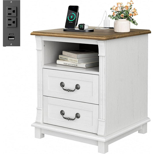 CHITOOMA Nightstand with Charging Station, 18" Bedside Table with USB Ports and AC Outlets, 2-drawer, Farmhouse Wood Side Table for Bedroom