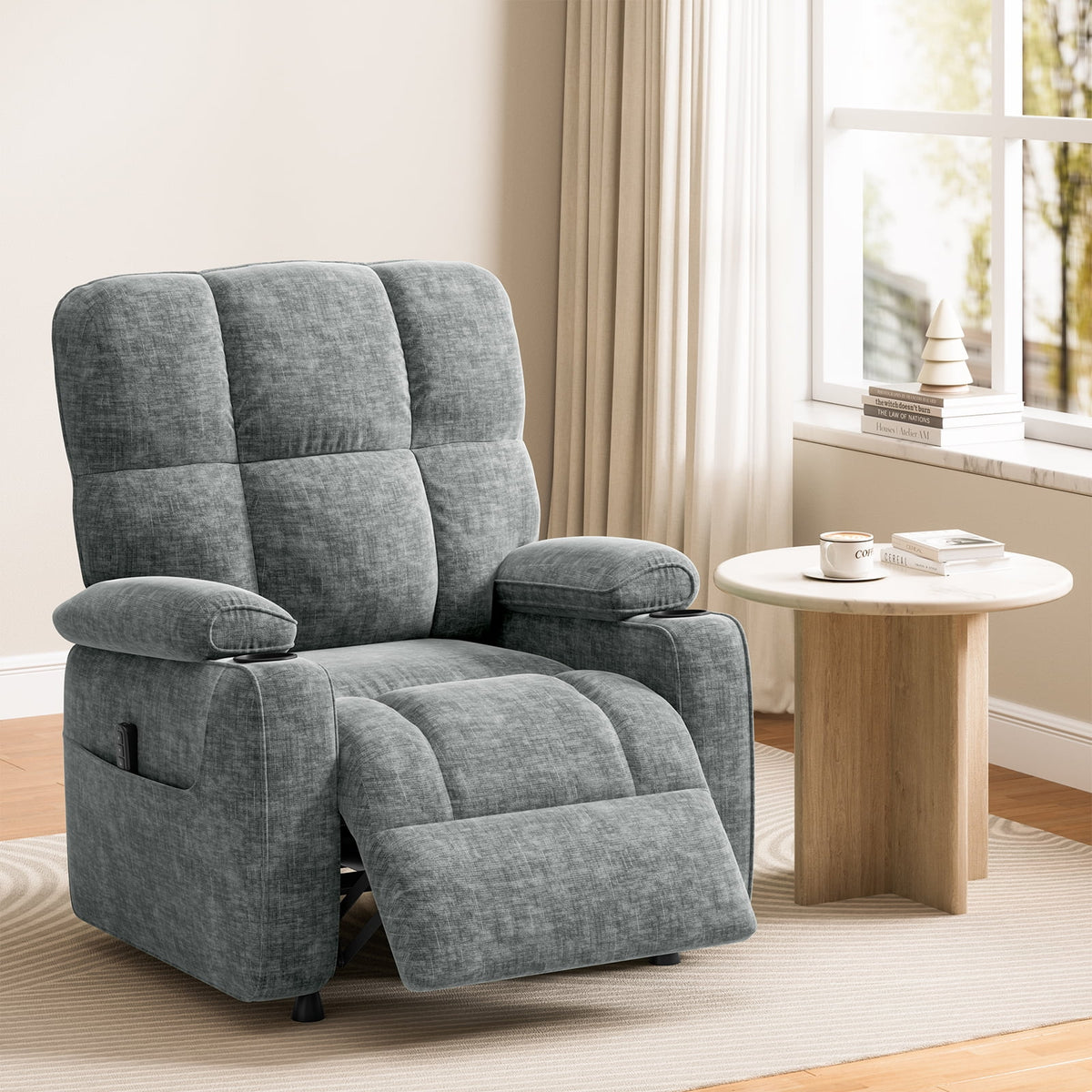 CHITOOMA Power Recliner Chair for Adults, Zero Gravity Electric Reclining Sofa with USB Port, Cup Holder & Side Pockets, Chenille Fabric, Light Gray