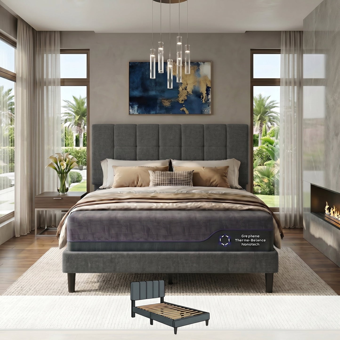 CHITOOMA Queen Bed Frame with Adjustable Headboard, Upholstered Platform Bed Frame Queen Size No Box Spring Needed, Noise-Free, Heavy Duty, Dark Grey