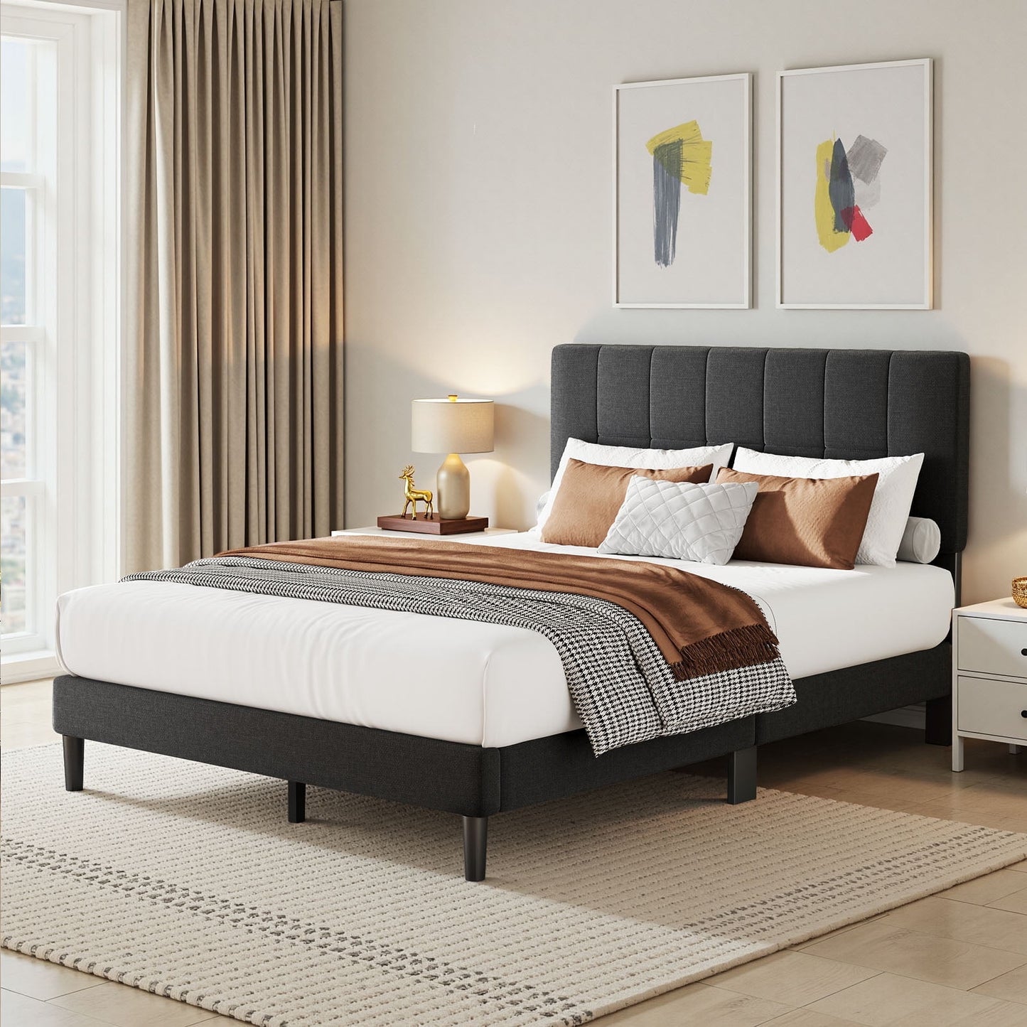 CHITOOMA Queen Bed Frame with Adjustable Headboard, Upholstered Platform Bed Frame Queen Size No Box Spring Needed, Noise-Free, Heavy Duty, Dark Grey