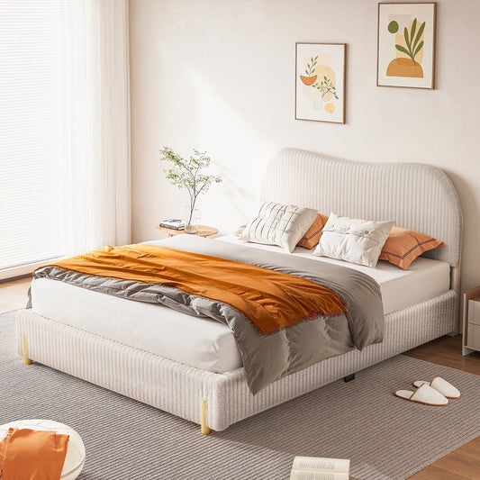 CHITOOMA Queen Bed Frame with Headboard, White Velvet Upholstered Platform Bed Frame Queen Size No Box Spring Needed, Noise-Free, Heavy Duty