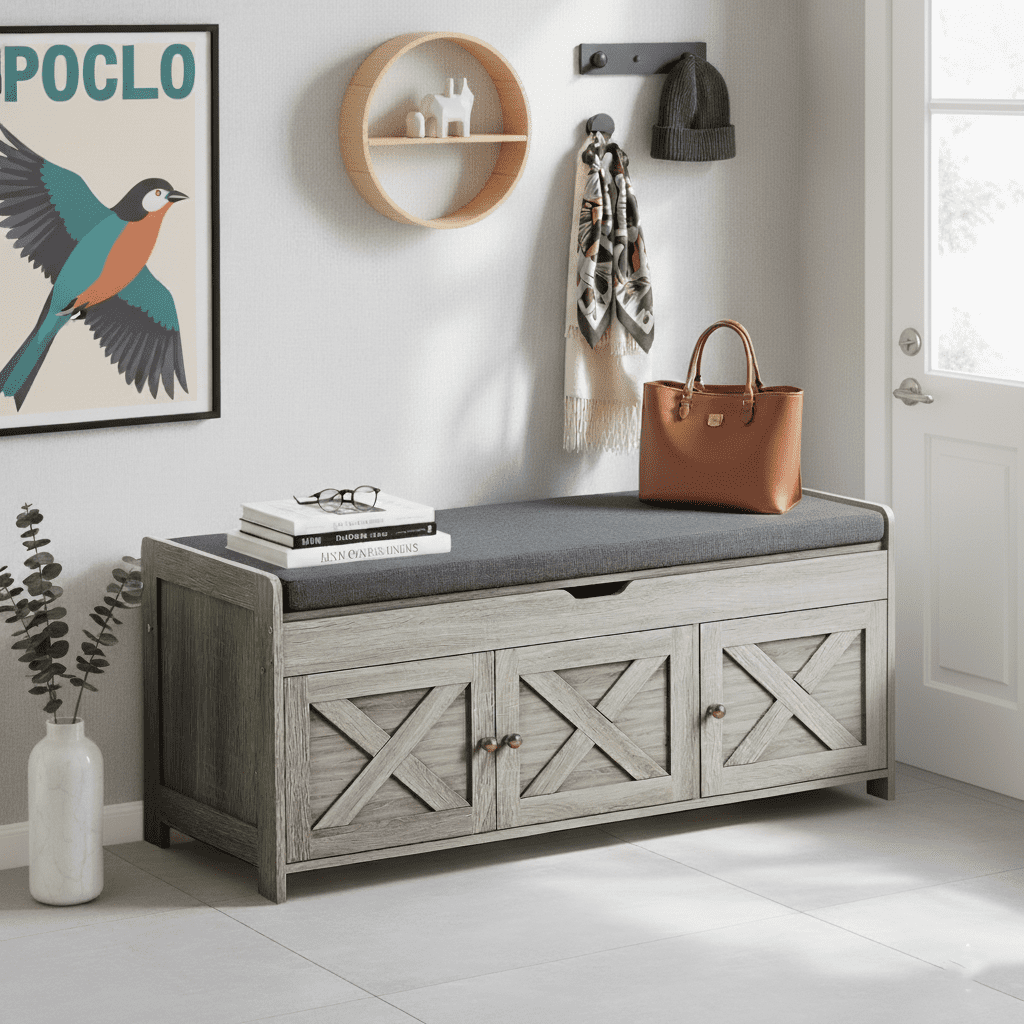 CHITOOMA Shoe Storage Bench, 43.4" Wide Shoe Bench with Padded Seat Cushion and Lift Top Storage, Bench with Barn Doors and Adjustable Shelf for for Entryway, Bedroom, Living Room, Gray