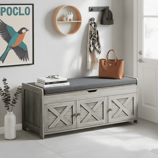 CHITOOMA Shoe Storage Bench, 43.4" Wide Shoe Bench with Padded Seat Cushion and Lift Top Storage, Bench with Barn Doors and Adjustable Shelf for for Entryway, Bedroom, Living Room, Gray