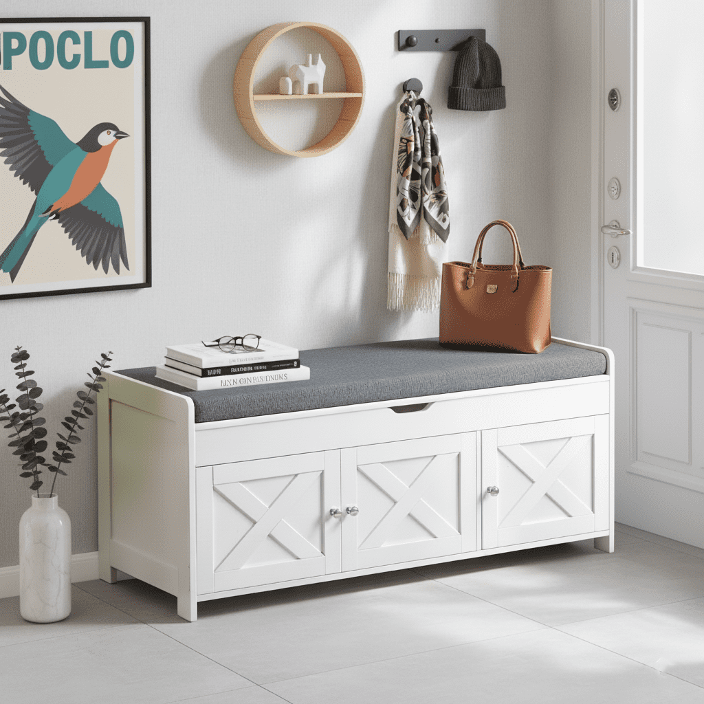 CHITOOMA Shoe Storage Bench, 43.4" Wide Shoe Bench with Padded Seat Cushion and Lift Top Storage, Bench with Barn Doors and Adjustable Shelf for for Entryway, Bedroom, Living Room, White