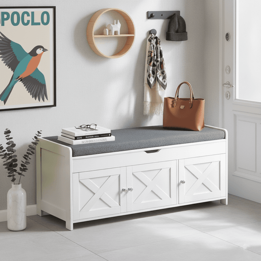 CHITOOMA Shoe Storage Bench, 43.4" Wide Shoe Bench with Padded Seat Cushion and Lift Top Storage, Bench with Barn Doors and Adjustable Shelf for for Entryway, Bedroom, Living Room, White