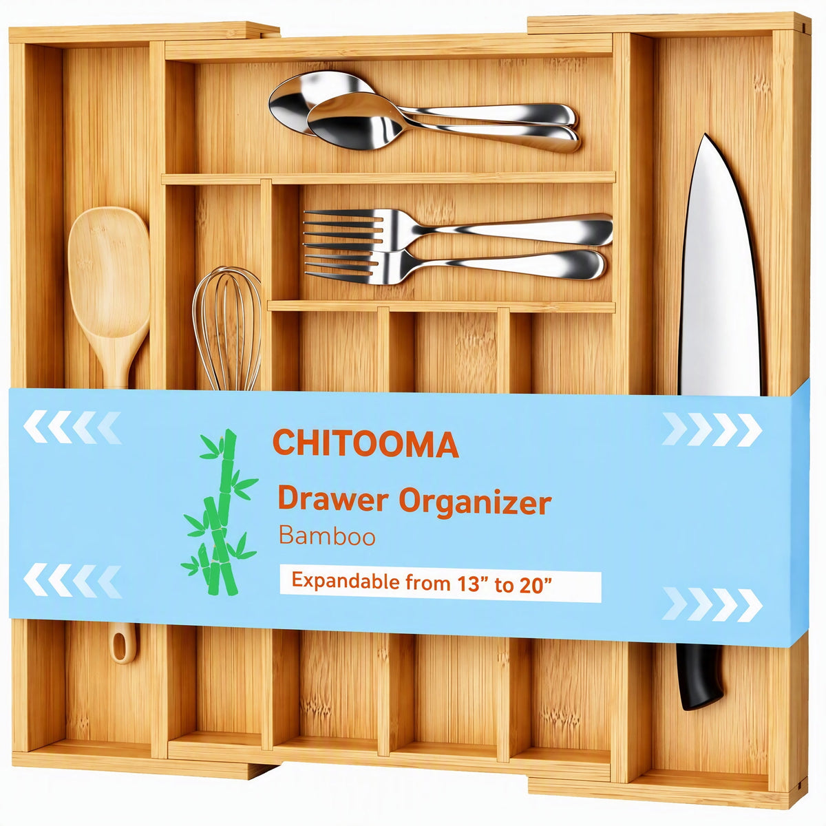 CHITOOMA Silverware Drawer Organizer, Expandable Silverware Holder,Adjustable Kitchen Utensil Tray,for Forks, Spoons and Knives,8 Slots,Natural