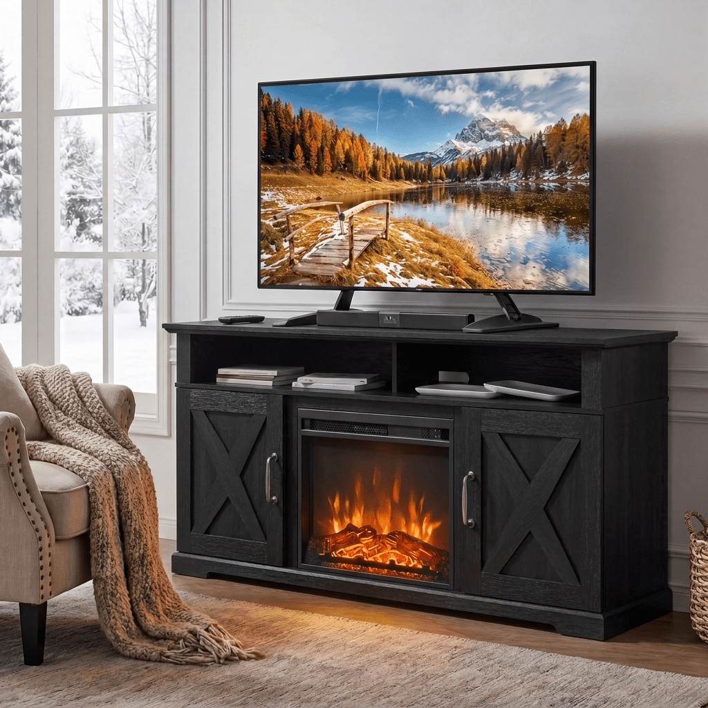Fireplace TV Stand with Fireplace for 75 inch TV Farmhouse Entertainment Center with Storage, Black