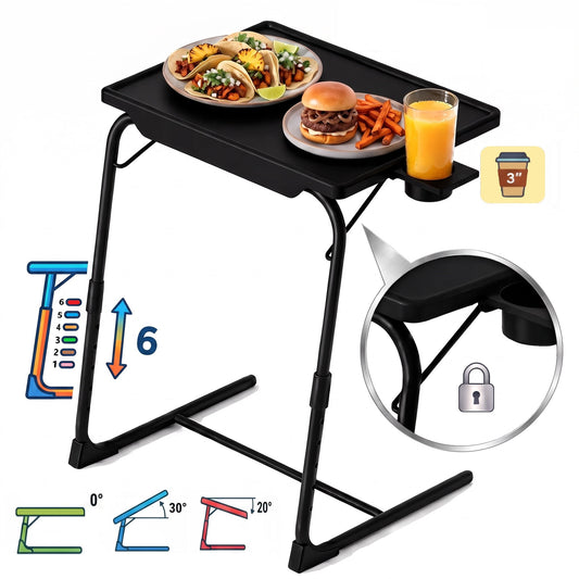 TV Tray Table with Cup Holders, Portable C-Shaped Side Dinner Tray Table, Adjustable 6 Heights & 3 Tilt Angle for Living Room, Bedroom, Black