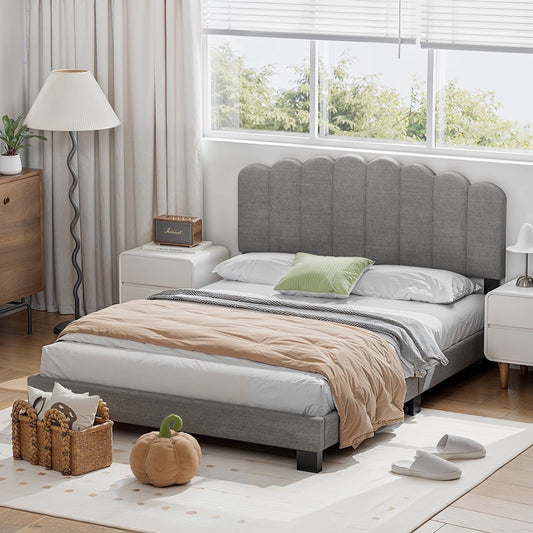 CHITOOMA Twin Bed Frame with Adjustable Headboard, Grey Linen Upholstered Platform Bed Frame Twin Size No Box Spring Needed, Noise-Free, Heavy Duty