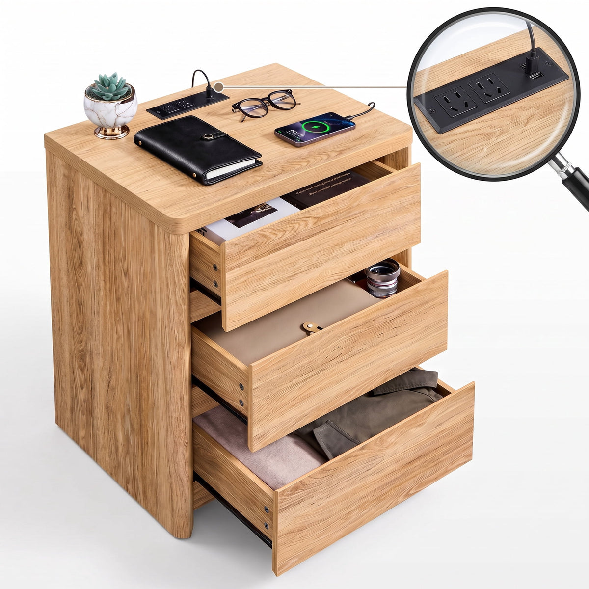 CHIYOOMA Farmhouse Nightstand with 3 Drawers,Wood Bedside Table Night Stand with Charging Station, Sofa Side End Table for Bedroom, Living Room,Natural