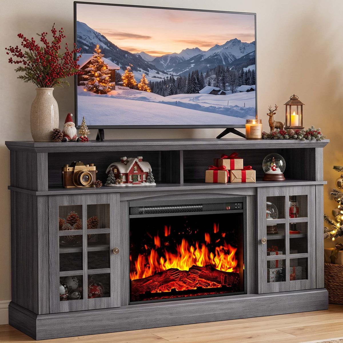 Electric Fireplace TV Stand for 75″ TVs Fireplace Entertainment Center TV Console Table with 23″ Fireplace, Holds up to 200 lbs