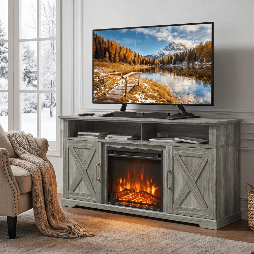 Electric Fireplace TV Stand for TVs up to 75", Farmhouse Entertainment Center with Fireplace, Grey