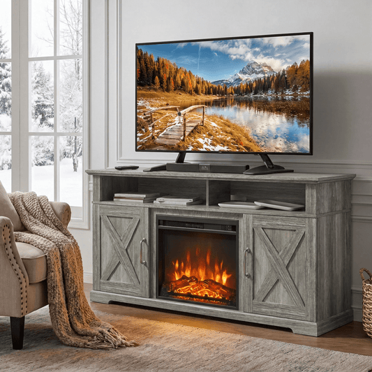 Electric Fireplace TV Stand for TVs up to 75", Farmhouse Entertainment Center with Fireplace, Grey