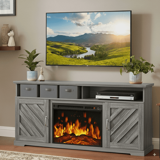 CHITOOMA Electric Fireplace TV Stand for 65 70 75 inch TV with Remote Control, Farmhouse Entertainment Center with 23″ Fireplace for Living Room, Bedroom,Gray