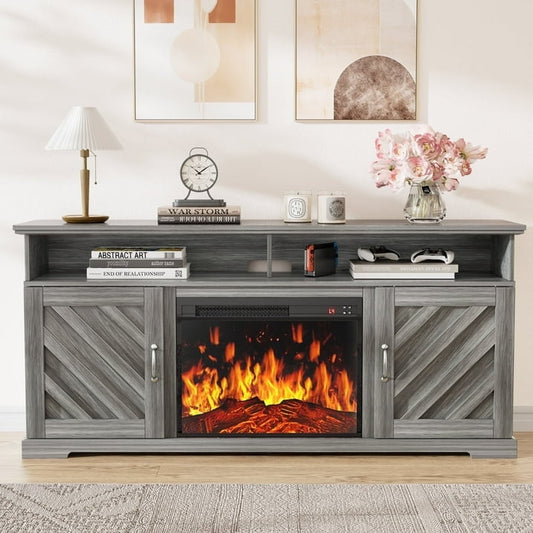 CHITOOMA Electric Fireplace TV Stand for 65 70 75 inch TV with Remote Control, Farmhouse Entertainment Center with 23″ Fireplace for Living Room, Bedroom,Gray