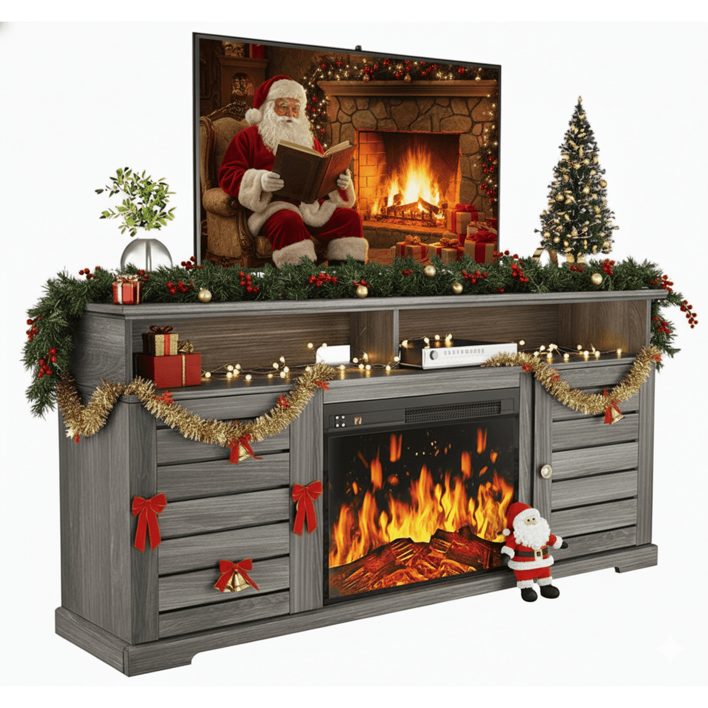 Electric Fireplace TV Stand up to 75" TVs, Farmhouse Entertainment Center wiht 23" Fireplace for Living Room, Gray