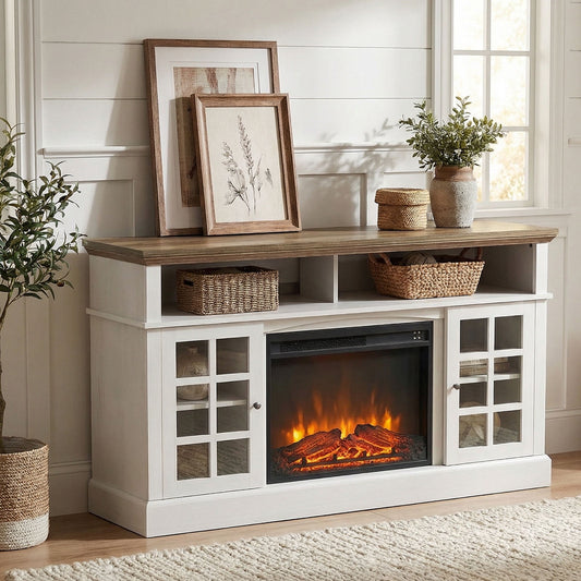 Electric Fireplace TV Stand up to 75" TVs, Farmhouse Entertainment Center wiht 23" Fireplace for Living Room, White