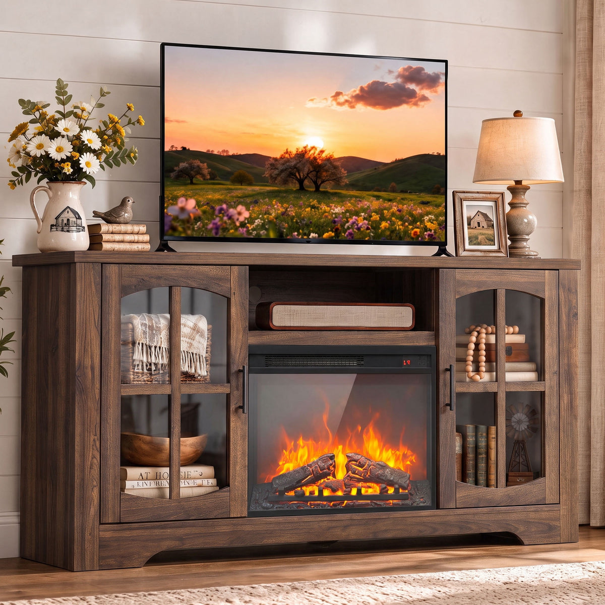 CHITOOMA Electric Fireplace TV Stand for 70" TVs with Glass Barn Doors, Farmhouse Entertainment Console with 23" Electric Fireplace, Holds up to 200 lbs, Brown