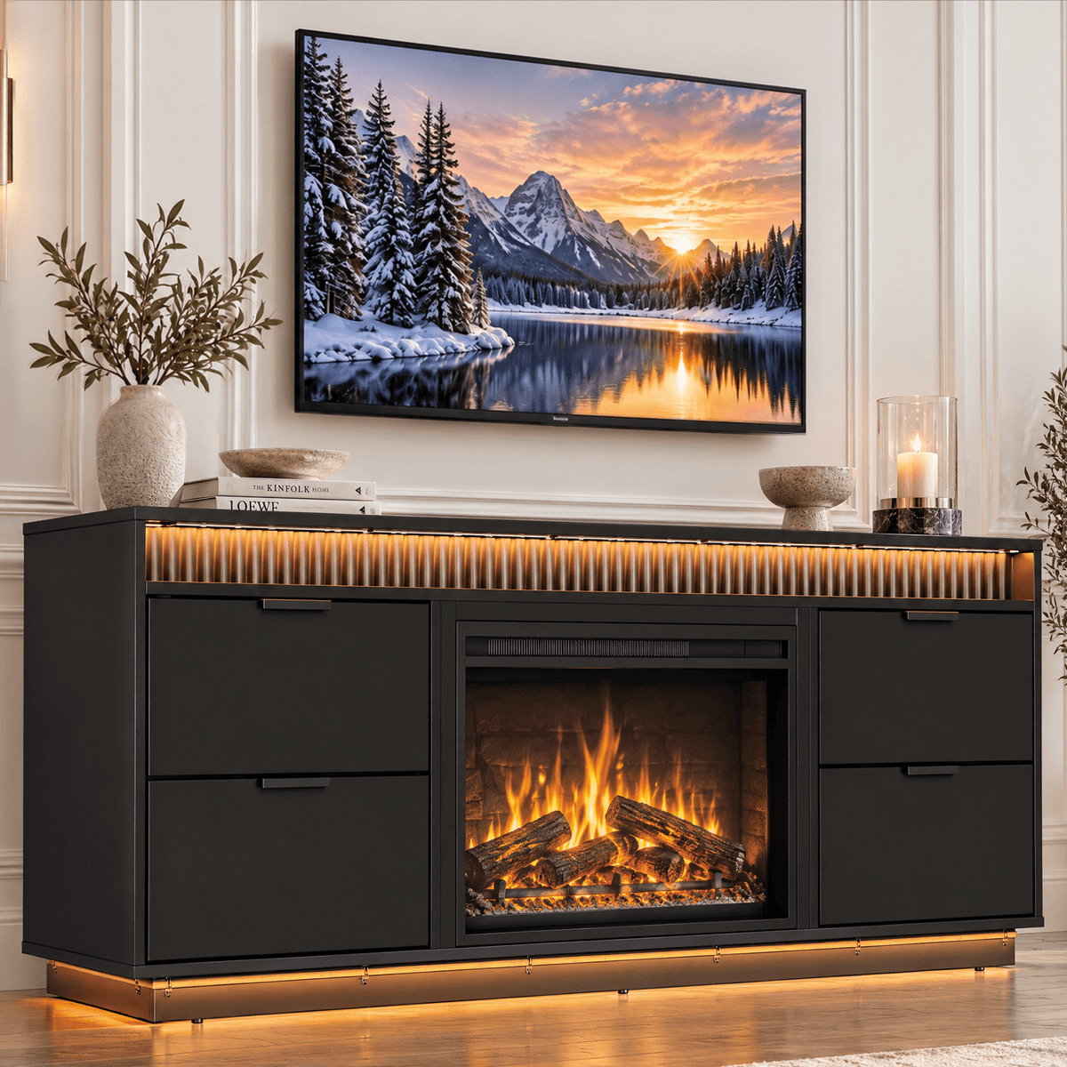 CHITOOMA Electric Fireplace TV Stand for up to 70" with 60000 RGB LED Light, Entertainment Center Console Table with 4 Large Drawers, Black