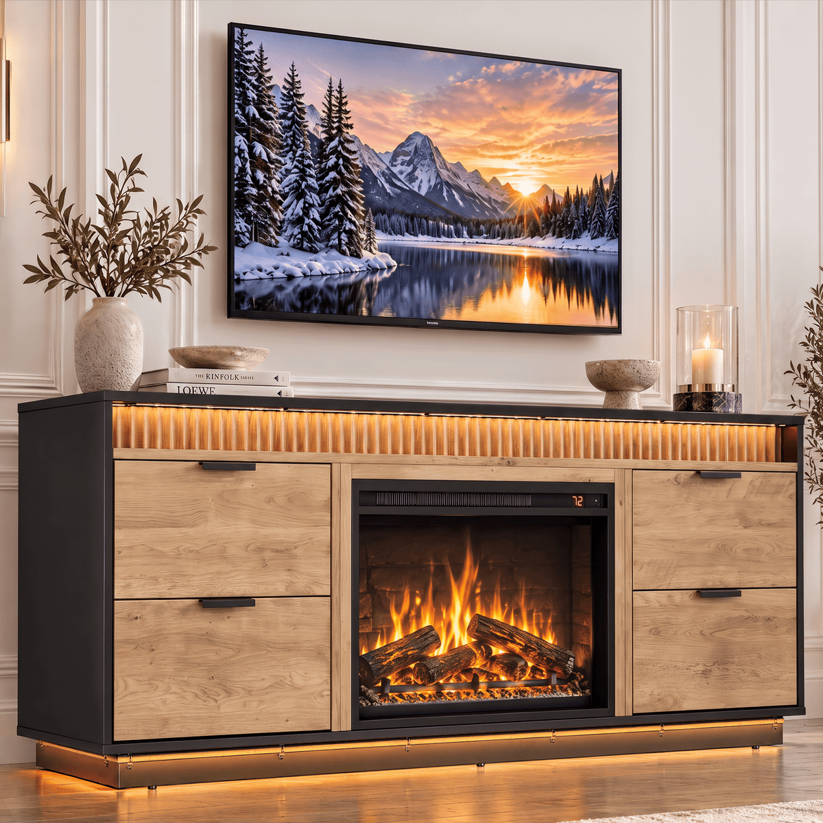 CHITOOMA Electric Fireplace TV Stand for up to 70" with 60000 RGB LED Light, Entertainment Center Console Table with 4 Large Drawers, Brown