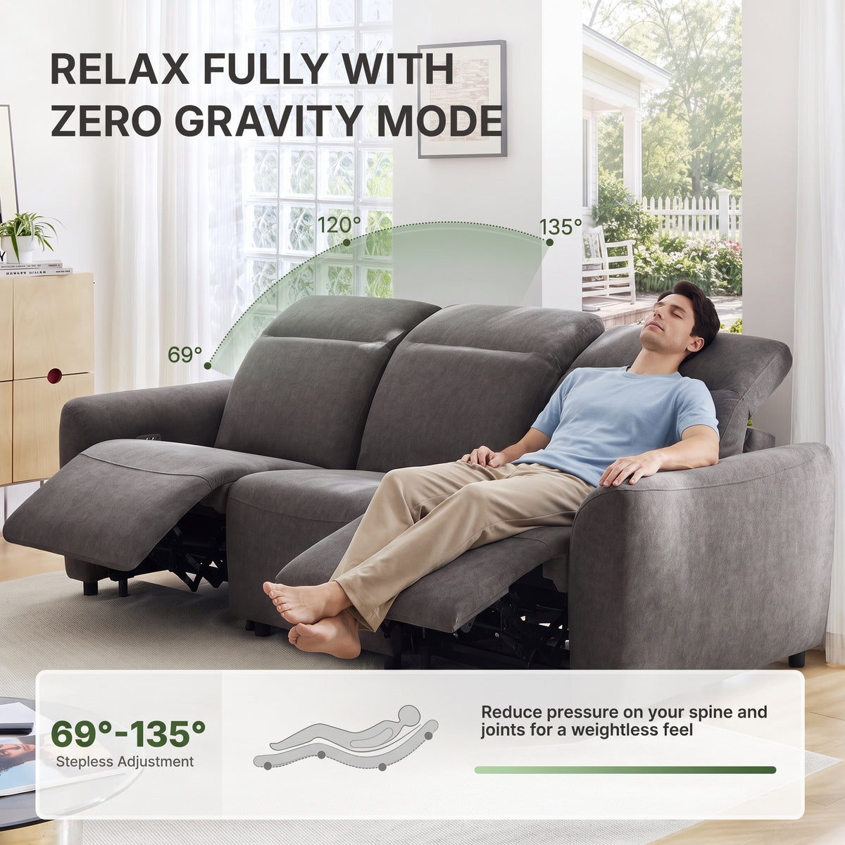 CHITOOMA 91" 3-Seat Power Reclining Sofa, Zero-Gravity Zero-Wall-Hugger Recliner with Charging Ports, Adjustable Headrests, Pet-Friendly Tri-Proof Fabric for Living Room, Home Theater, Gray