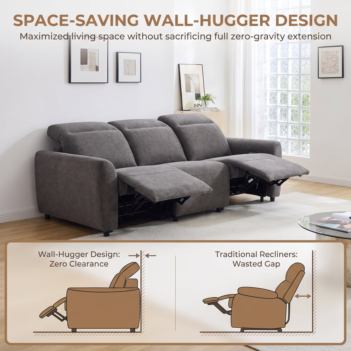 CHITOOMA 91" 3-Seat Power Reclining Sofa, Zero-Gravity Zero-Wall-Hugger Recliner with Charging Ports, Adjustable Headrests, Pet-Friendly Tri-Proof Fabric for Living Room, Home Theater, Gray