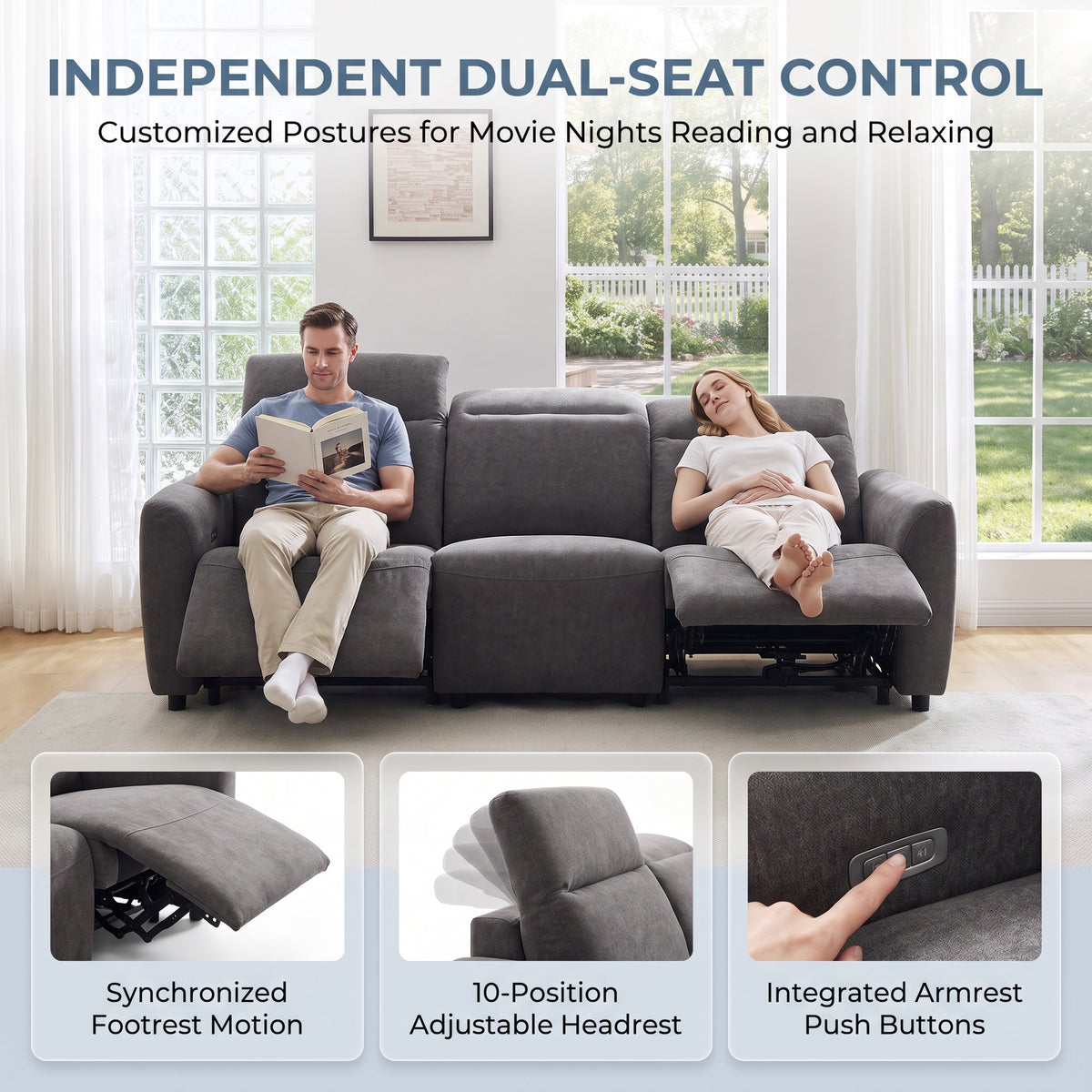 CHITOOMA 91" 3-Seat Power Reclining Sofa, Zero-Gravity Zero-Wall-Hugger Recliner with Charging Ports, Adjustable Headrests, Pet-Friendly Tri-Proof Fabric for Living Room, Home Theater, Gray