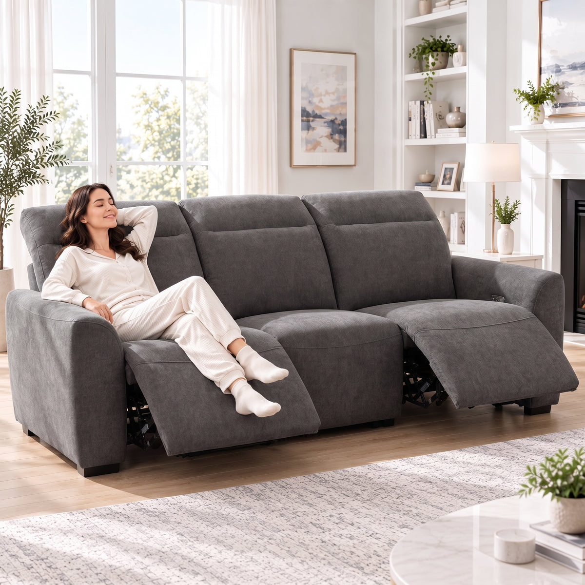 CHITOOMA 91" 3-Seat Power Reclining Sofa, Zero-Gravity Zero-Wall-Hugger Recliner with Charging Ports, Adjustable Headrests, Pet-Friendly Tri-Proof Fabric for Living Room, Home Theater, Gray