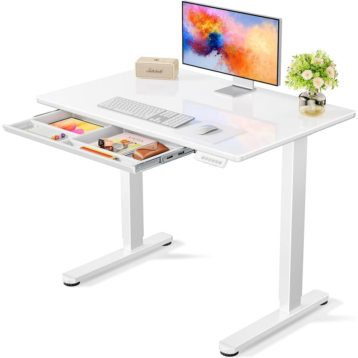Glass Electric Standing Desk with Drawer, 37" x 22" Stand up Desk One-Piece Tempered Glass Top, Ergonomic Home Office Desk with 4 Preset Heights, White