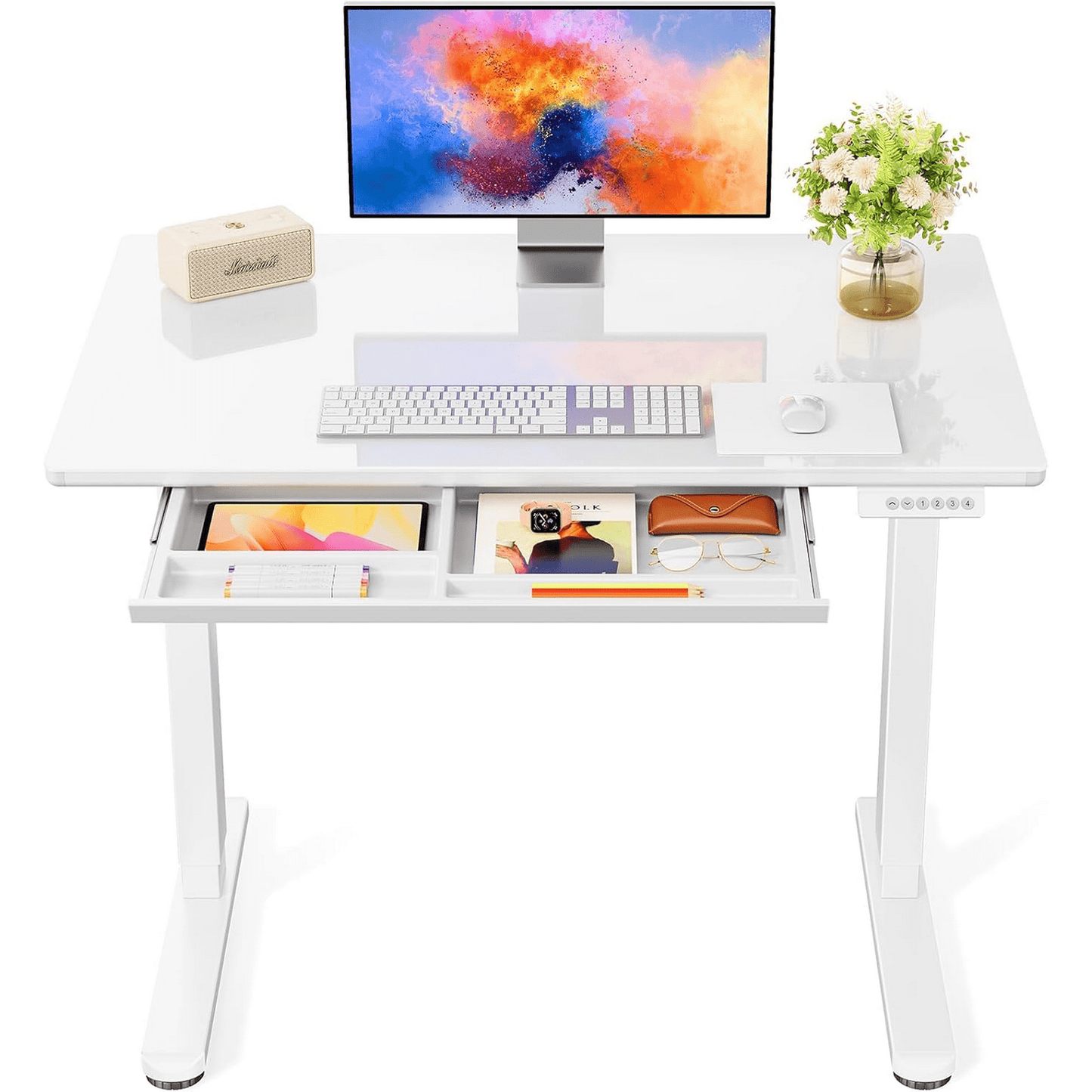 Glass Electric Standing Desk with Drawer, 40" x 24" Stand up Desk One-Piece Tempered Glass Top, Ergonomic Home Office Desk with 4 Preset Heights, White