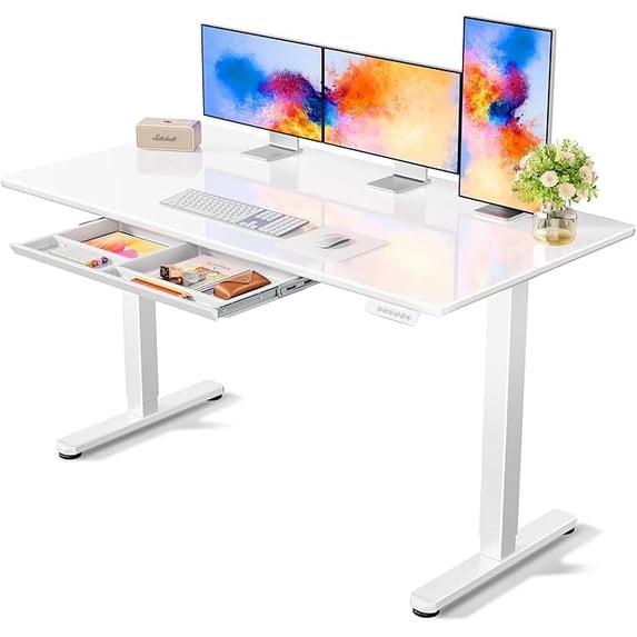CHITOOMA Glass Electric Standing Desk with Drawer, 55 x 28 Inches Height-Adjustable Desk, One-Piece Tempered Glass Top, Ergonomic Home Office Sit Stand Desk with 4 Preset Heights, White