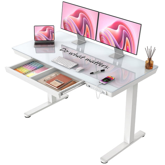 CHITOOMA Glass Top Electric Standing Desk with Drawer, 55'' x 28'' Electric Height Adjustable Desk with USB Charging Ports, Sit Stand up for Home Office