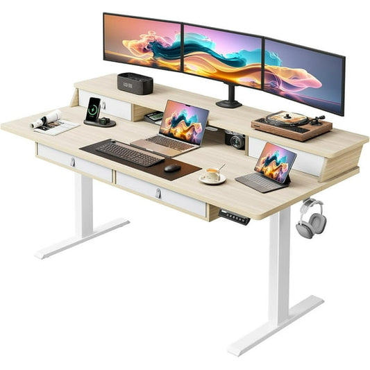 CHITOOMA 63″ x 30″ Standing Desk with Drawers, Electric Height Adjustable Sit Stand Desk with Storage Shelf, 4 Memory Preset Computer Desk with Cable Management Tray for Home Office, Oak