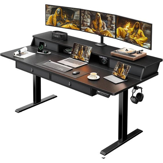 CHITOOMA 63″ x 30″ Standing Desk with Drawers, Electric Height Adjustable Sit Stand Desk with Storage Shelf, 4 Memory Preset Computer Desk with Cable Management Tray for Home Office, Black