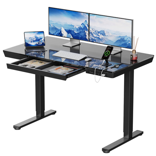 CHITOOMA Glass Top Electric Standing Desk with Drawer, 48'' x 24'' Electric Height Adjustable Desk with USB Charging Ports, Sit Stand up for Home Office
