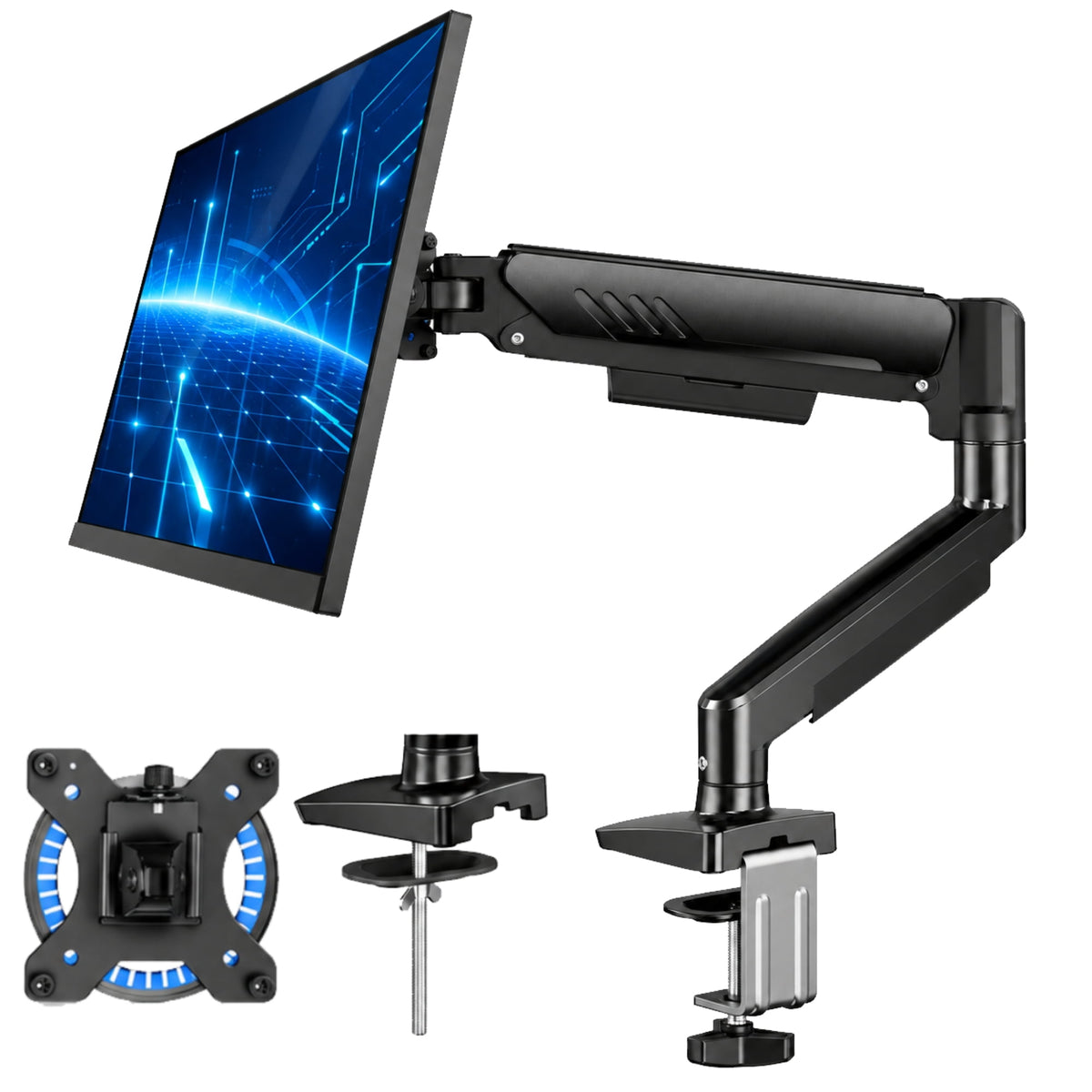 Kyspho Single Monitor Arm for 13" to 34 " Screens, Holds 19.8 lbs, Max 100x100mm, Monitor Stand with C-Clamp Tool-Free Mount, Cable Management, Adjustability for Swivel,Tilt and Rotation