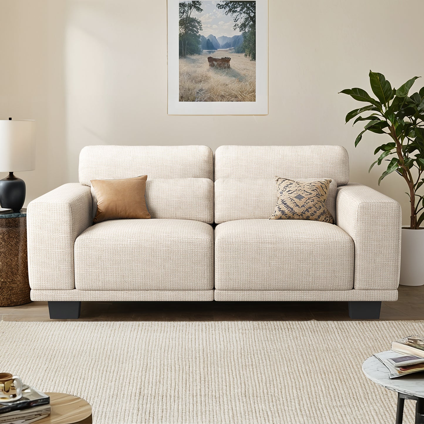 CHITOOMA 65" Loveseat Sofa for Living Room, Comfy Linen Couch with Deep Seats, Wide Armrests, Removable Covers & Sturdy Steel Frame, White