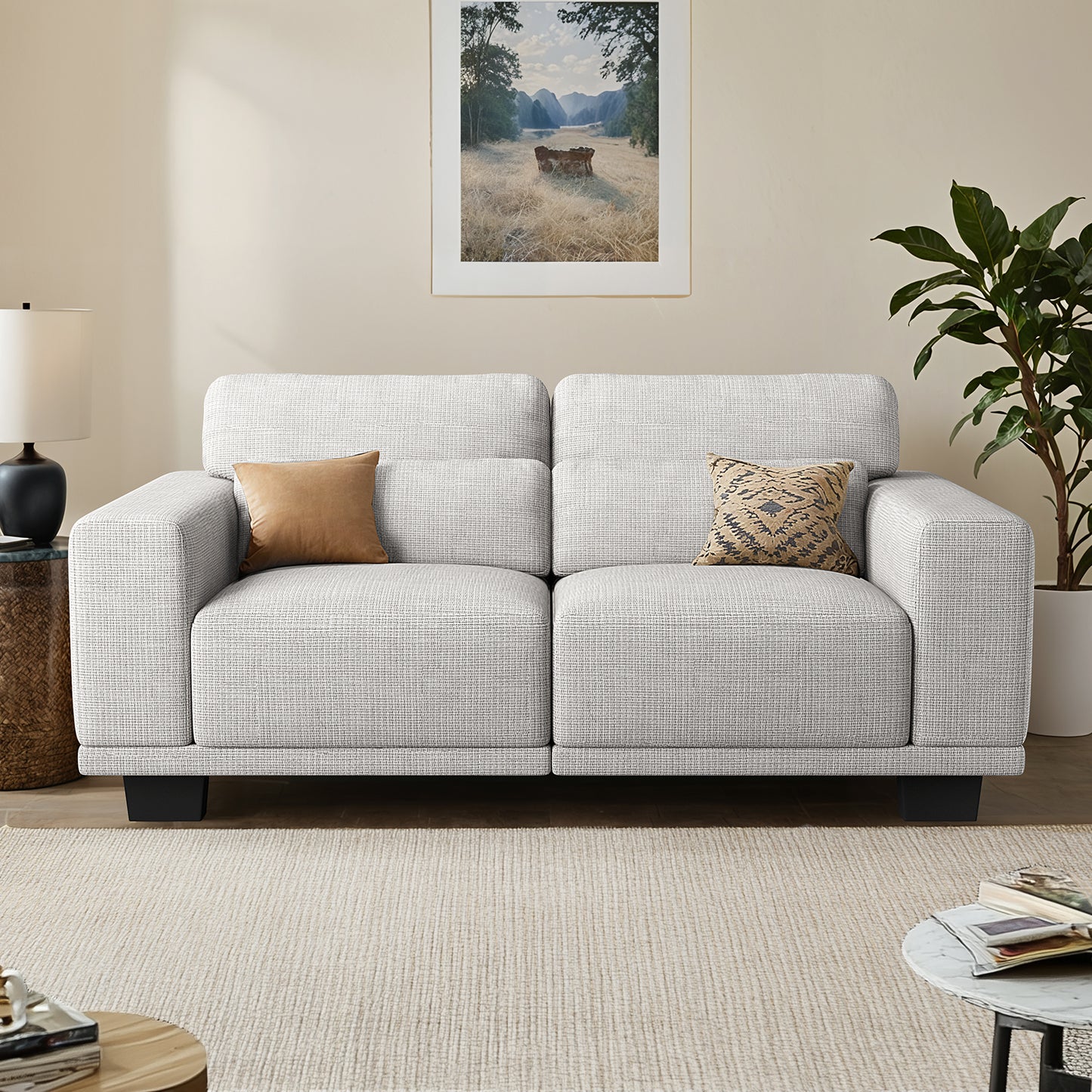 CHITOOMA 65" Loveseat Sofa for Living Room, Comfy Linen Couch with Deep Seats, Wide Armrests, Removable Covers & Sturdy Steel Frame, White