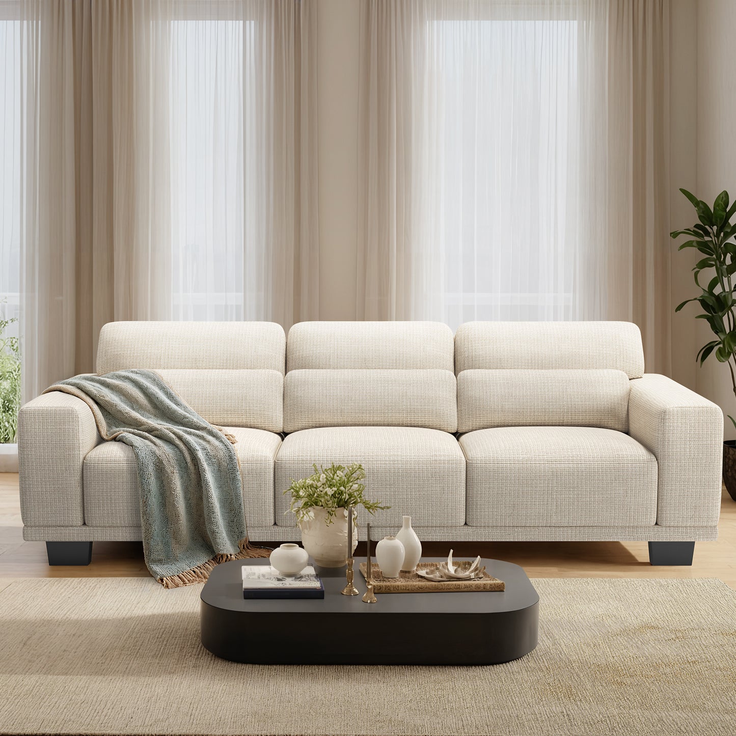 CHITOOMA 89" 3-Seater Sofa for Living Room, Deep Seat Modern Couch with Linen Fabric, Removable Covers, Wide Armrests & Steel Frame, White